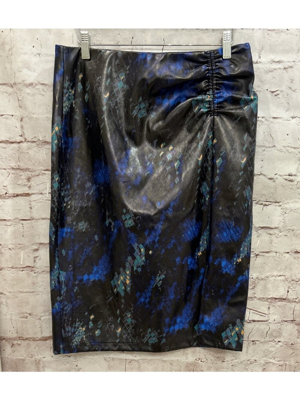 H Halston Womens Ruched Waist Midi Skirt Faux Leather Serpent Meridian Size M